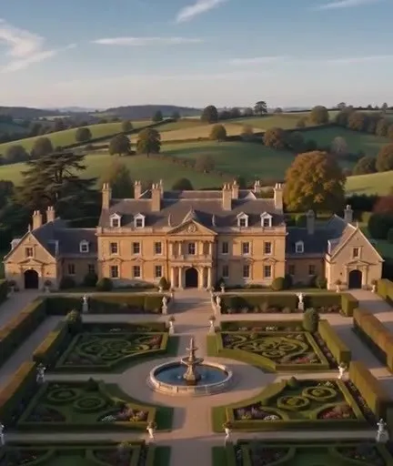 A country estate and its formal gardens at sunrise