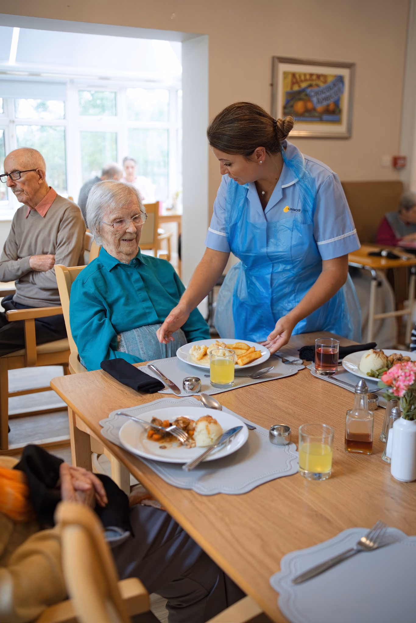 A carer serving lunch to a resident by the window