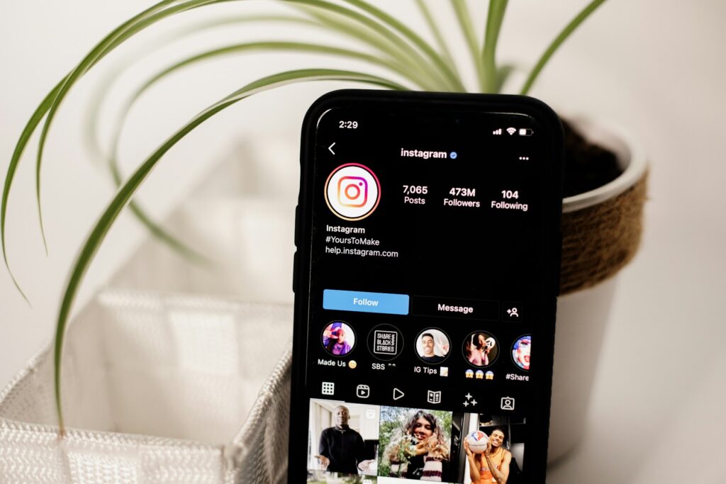A phone showing an Instagram profile page with bio and follower count