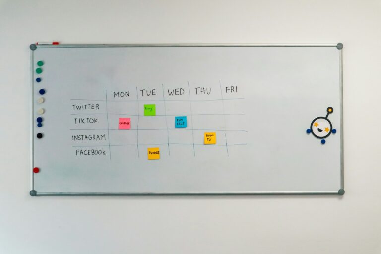 A whiteboard content calendar with posting days for each social channel