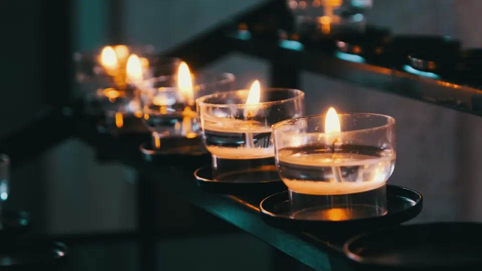 Row of lit tealight candles in glass holders