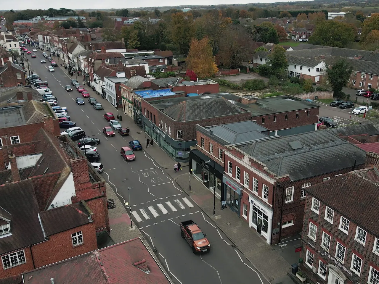 Aerial view over Caterham high street