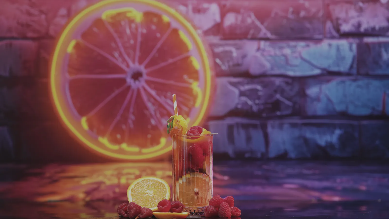 Unedited product photograph of cocktails with a neon orange slice