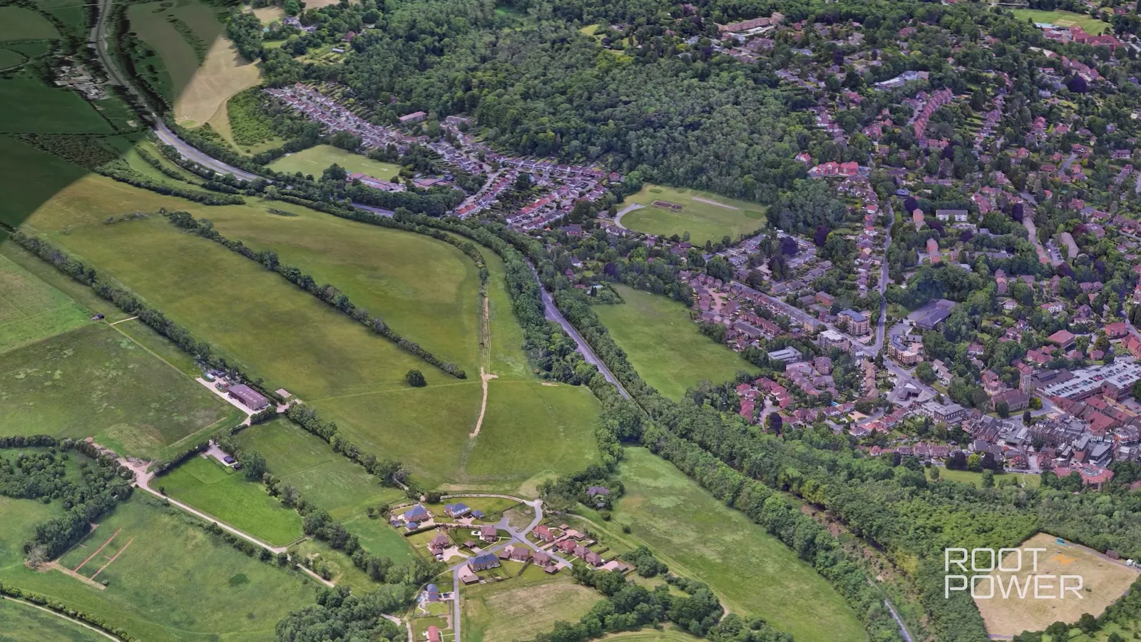 Aerial view of the valley and town