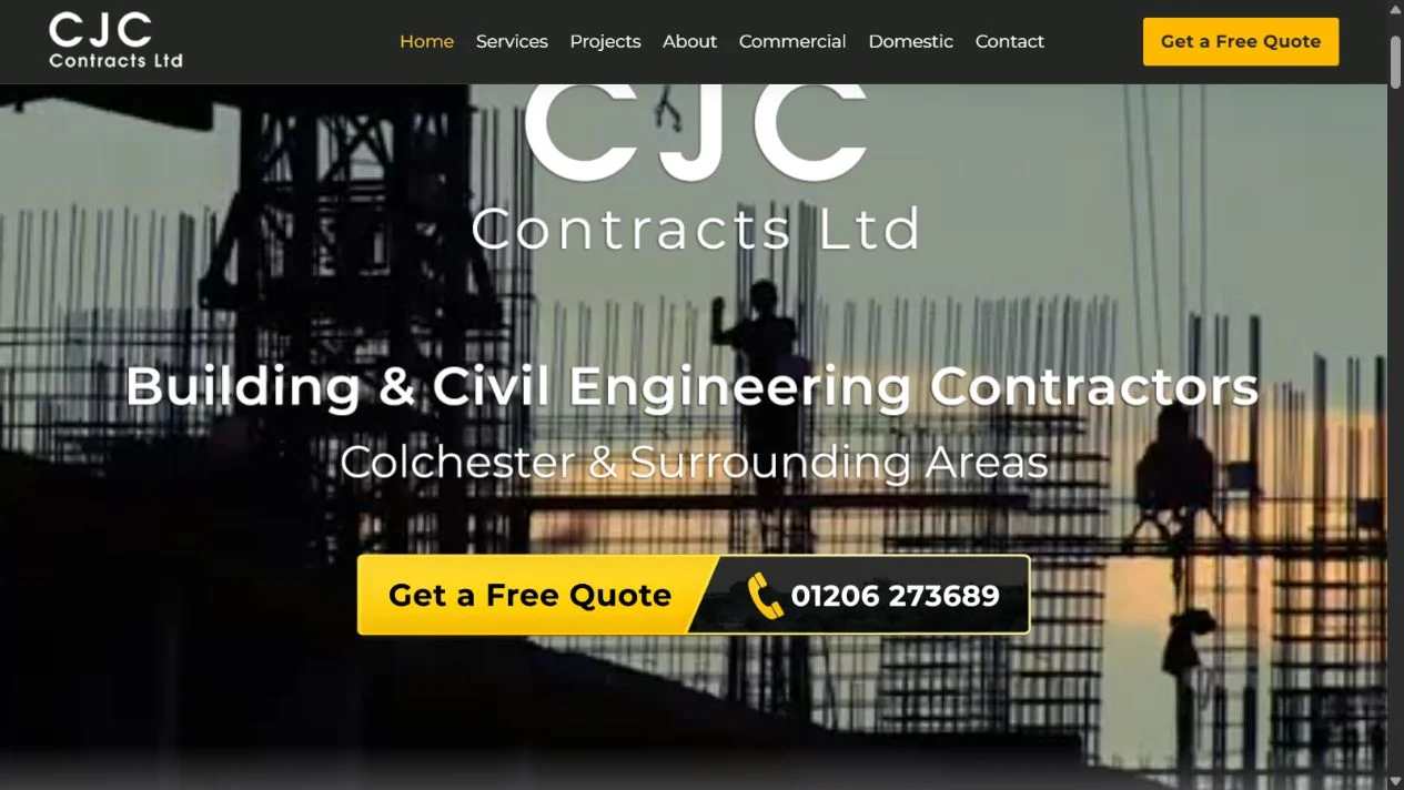 CJC Contracts homepage showing construction video, company branding and enquiry buttons