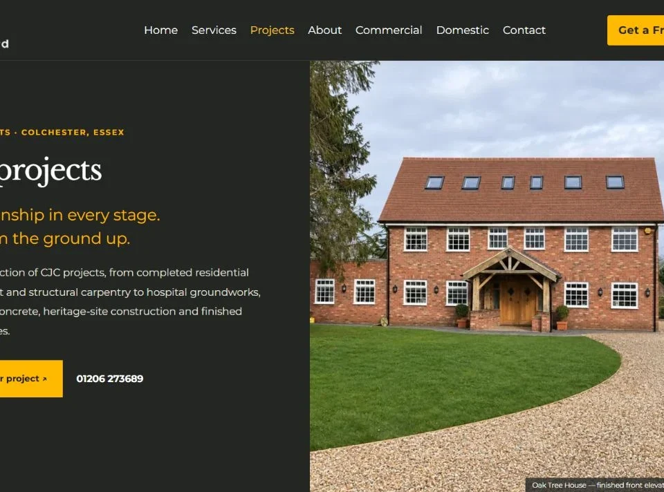 CJC Contracts projects page showing the new website design and a completed residential project